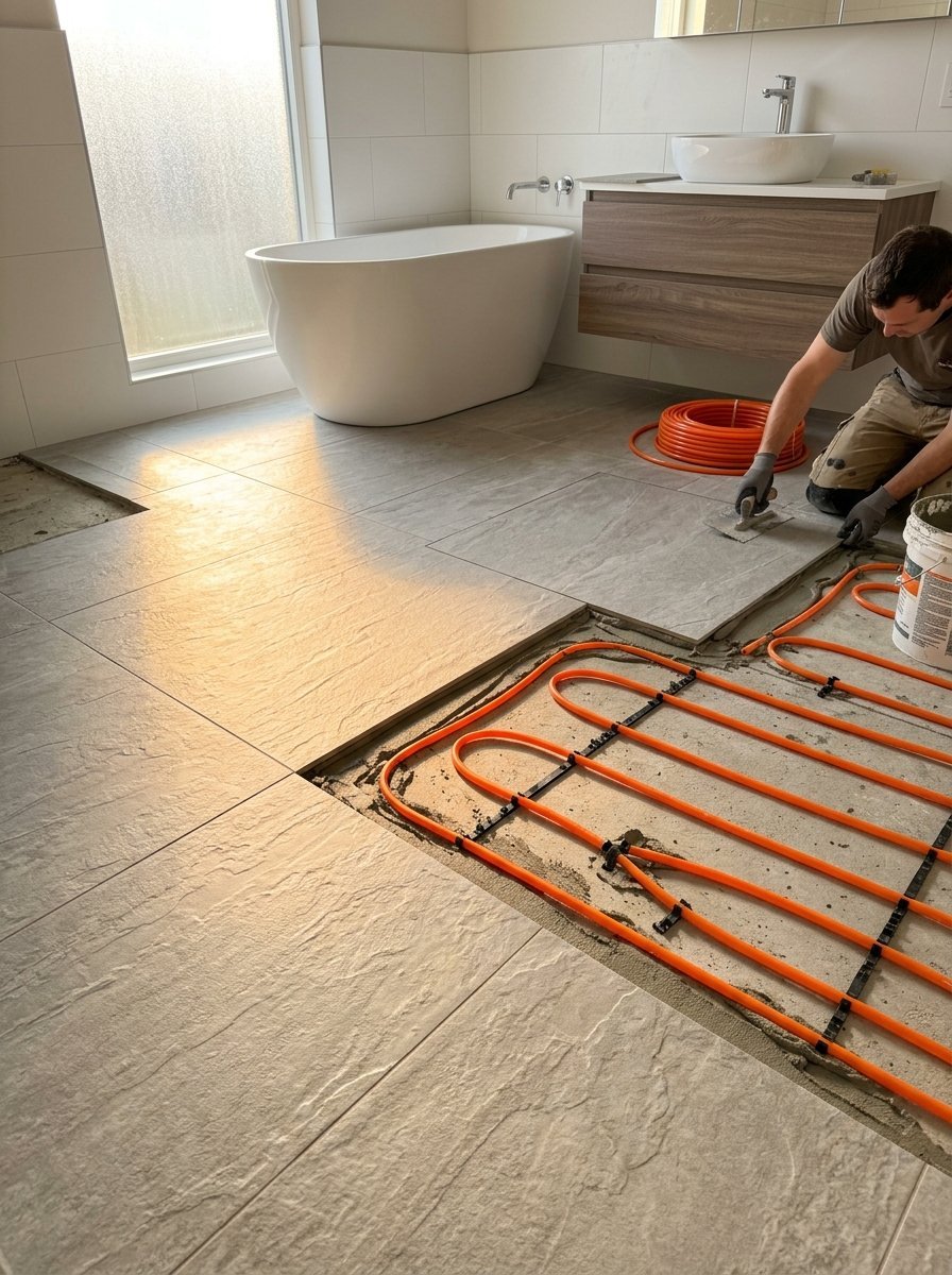 Worker laying ceramic floor tiles over orange radiant heating pipes in a bathroom.