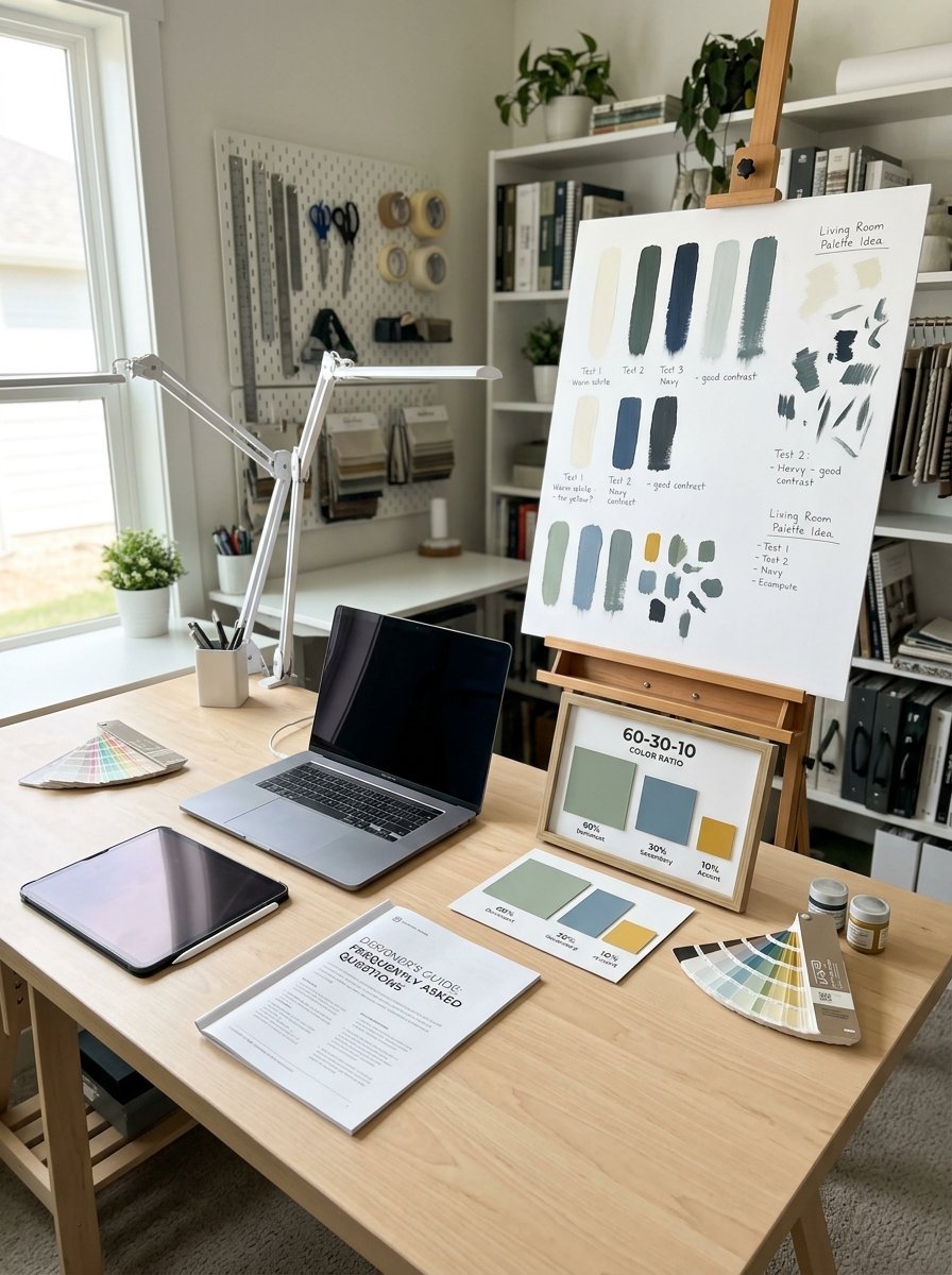 Desk with laptop, tablet, color swatch fans, and design boards showing 60-30-10 color schemes.