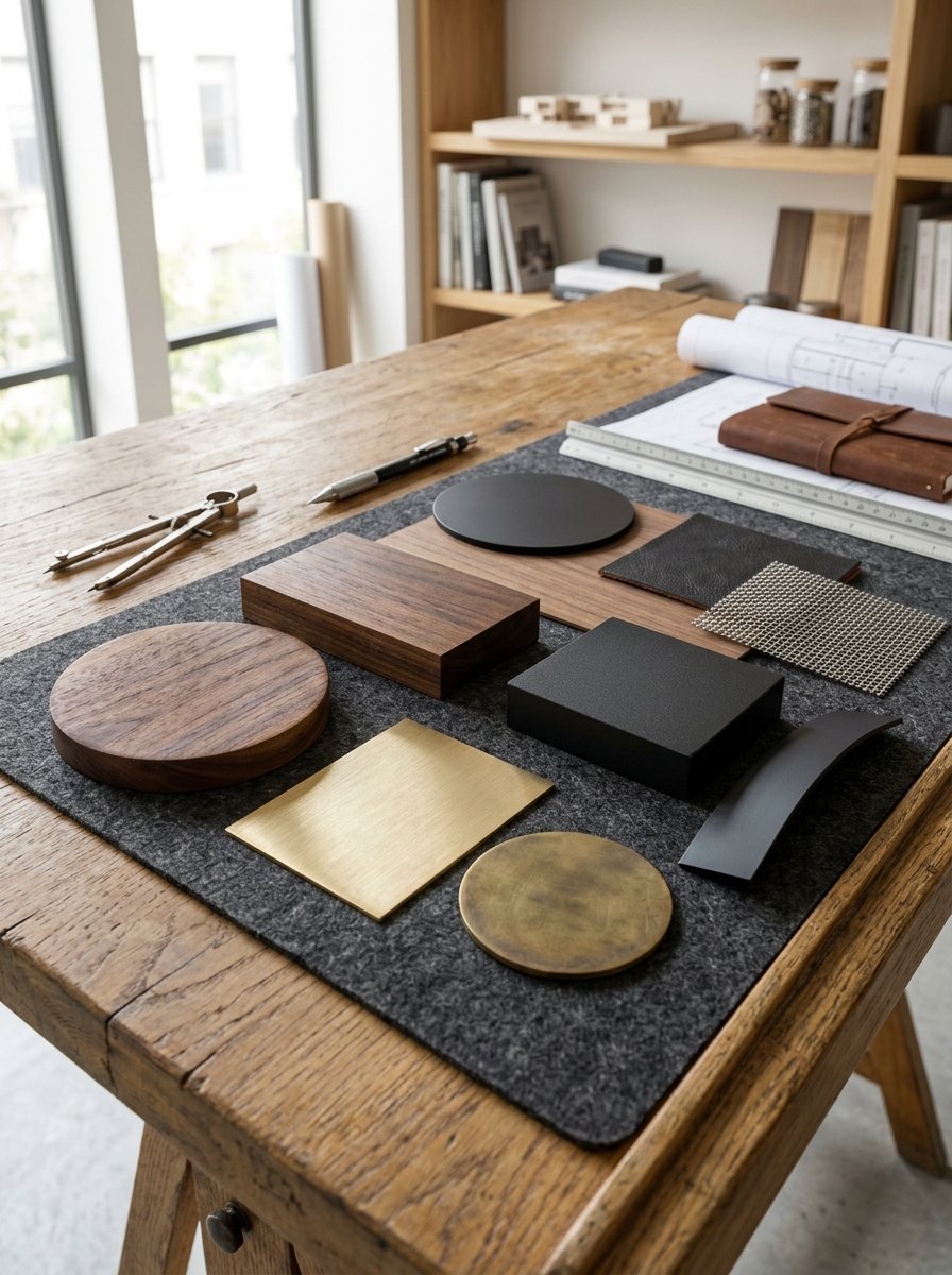 Collection of wood, metal, and leather texture swatches on a grey felt mat.