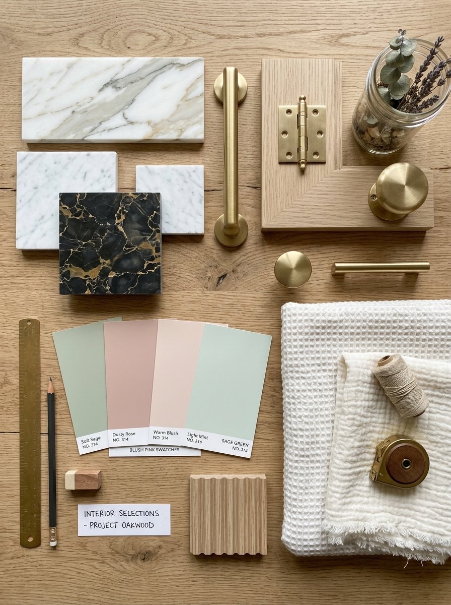 Flat lay of marble tiles, brass cabinet hardware, sage and blush paint swatches, fabric, and wood accents.