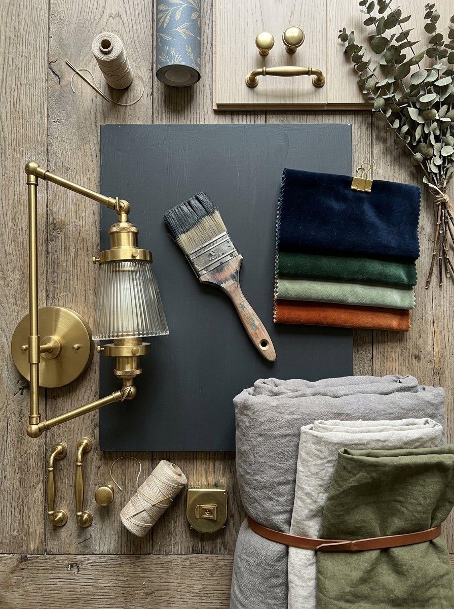 Top-down view of brass hardware, velvet fabric swatches, paint brush, and linen textiles on a wood table.