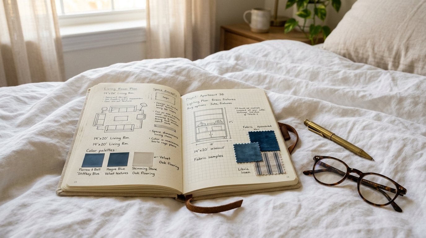 An open notebook with architectural sketches, paint chips, and fabric samples lies on a white linen bedspread.