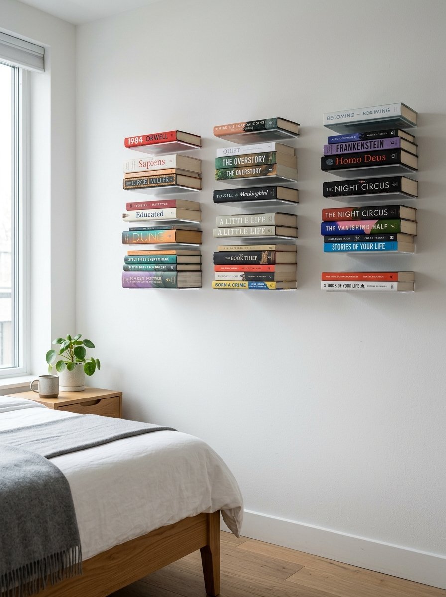 Floating book stacks displayed on white wall above a wooden bed frame in a minimalist bedroom.