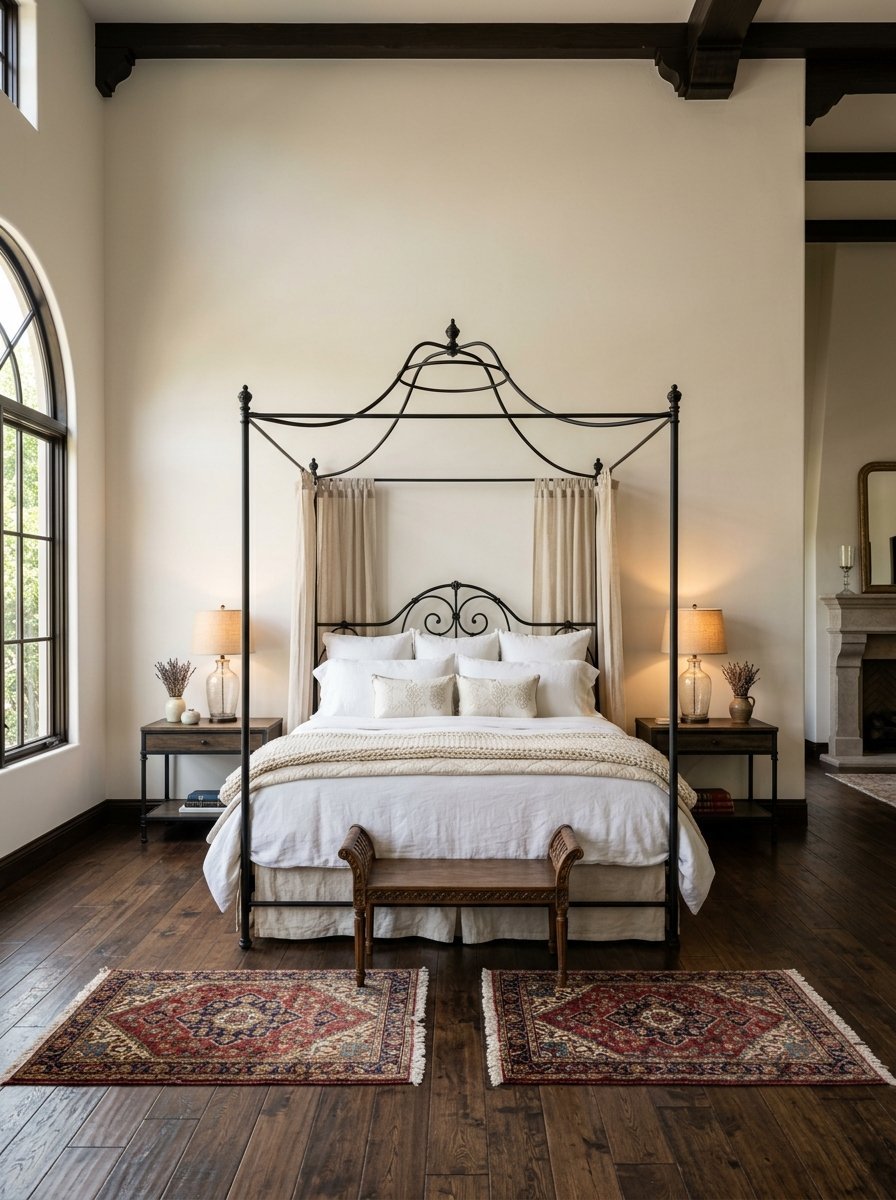 A four-poster black iron bed with draped curtains sitting between bedside lamps on wooden floors with two small rugs.