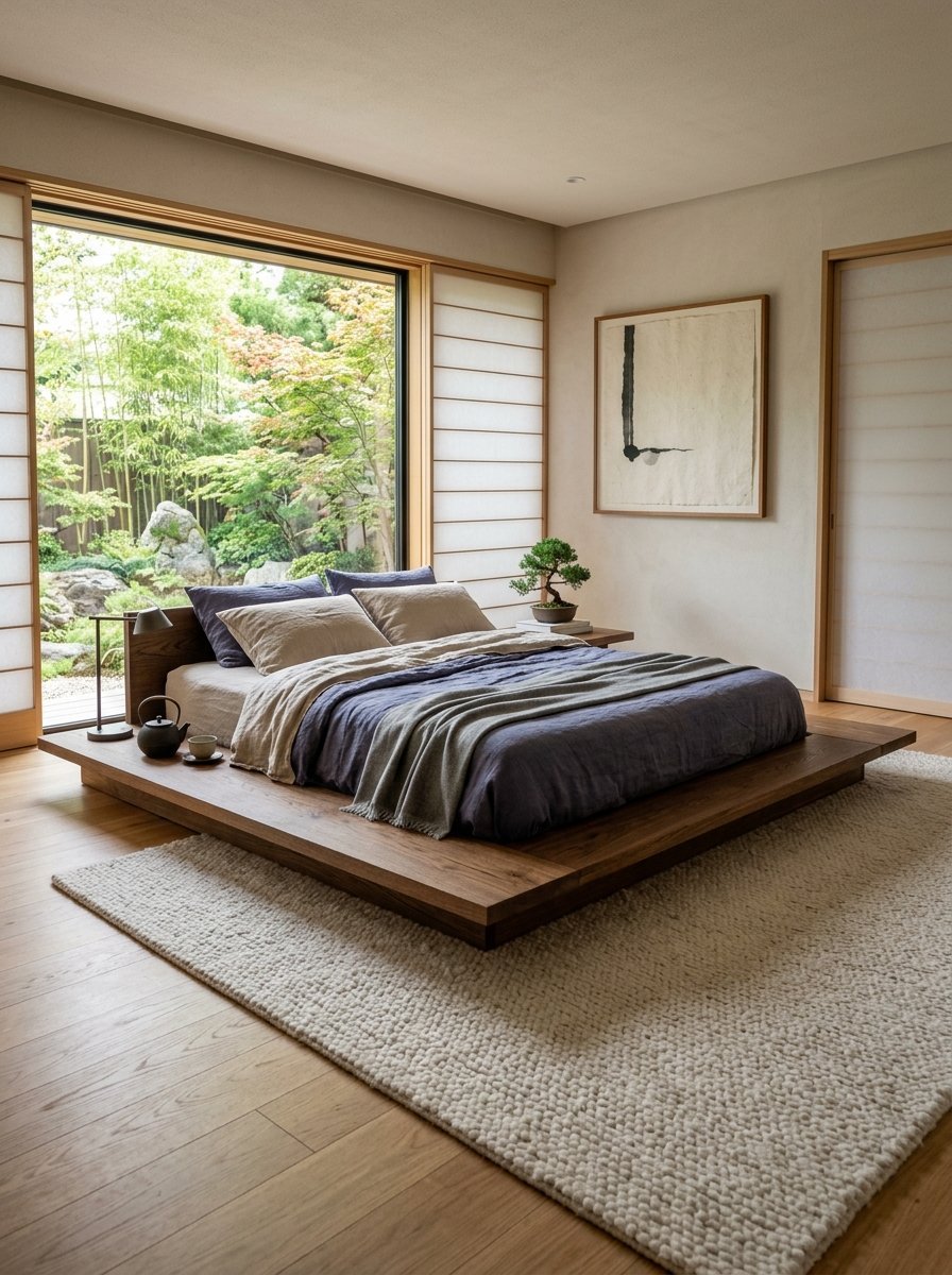 Low profile wooden bed with indigo bedding facing a window overlooking a lush private Zen garden.