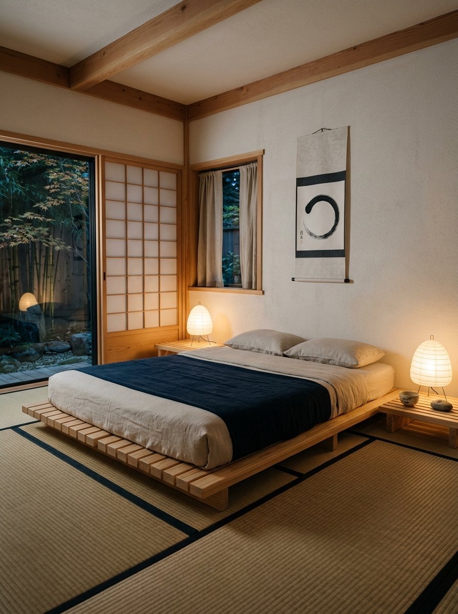 Serene room with tatami mats, shoji screen, bed with navy runner, and paper lamps overlooking a garden.