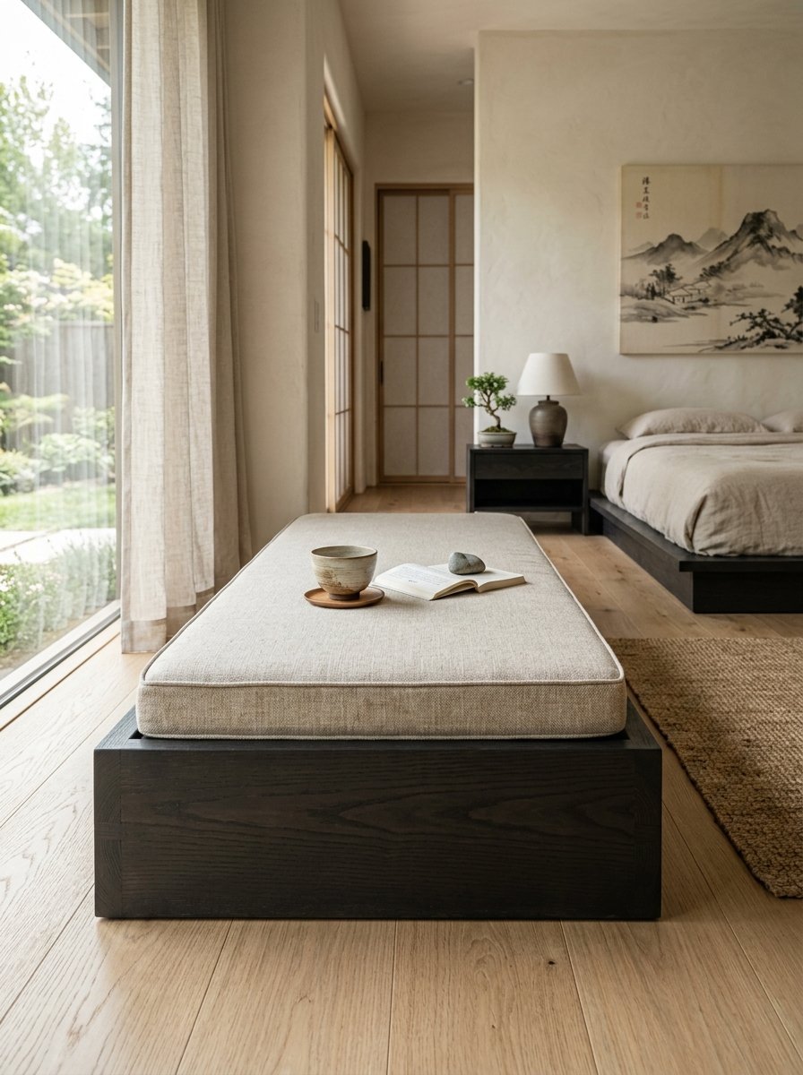 Low wooden daybed with beige cushion, open book, and tea cup in a bright room with a bed and mountain wall art.