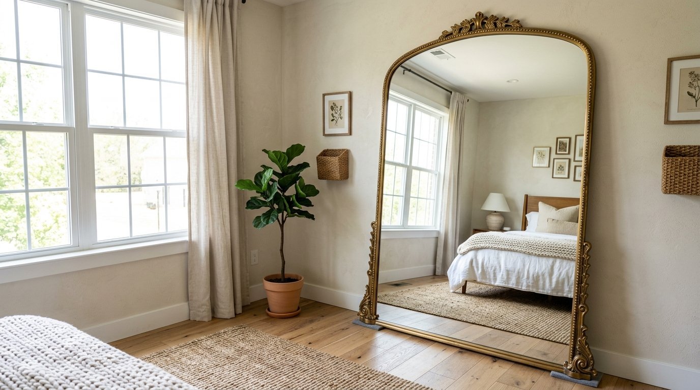 An oversized arched floor mirror in a gold frame stands in a room with a fiddle leaf fig and jute rug.