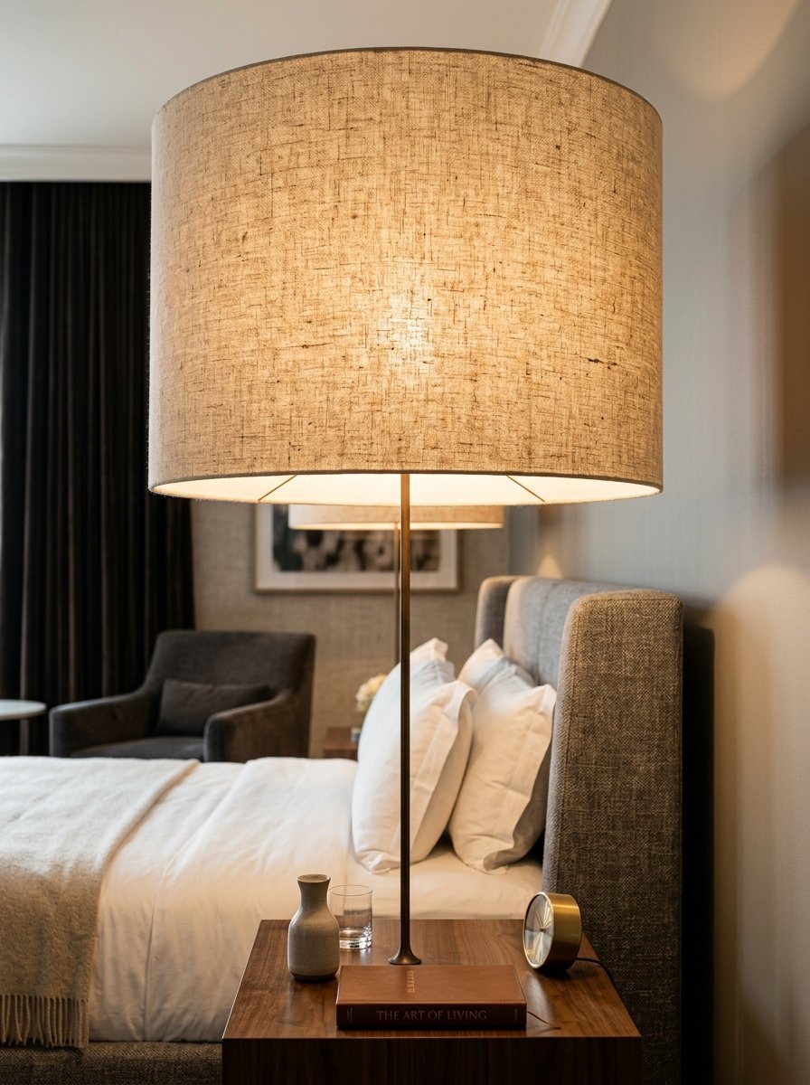 Close up of a large fabric drum lamp on a wooden nightstand next to a bed with white pillows.