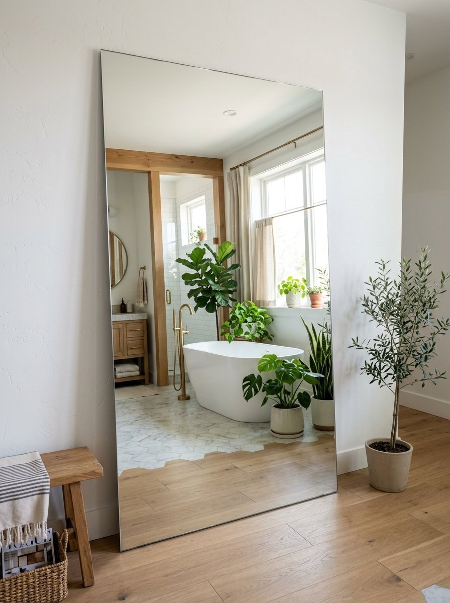 Oversized rectangular mirror leaning against a white wall showing a bathtub surrounded by house plants.