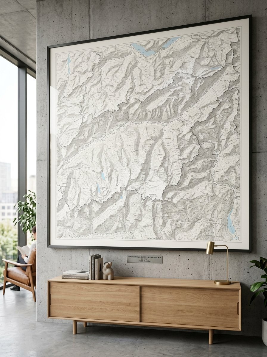 A massive topographical map of mountain ranges hanging above a wooden console table in a minimalist living room.
