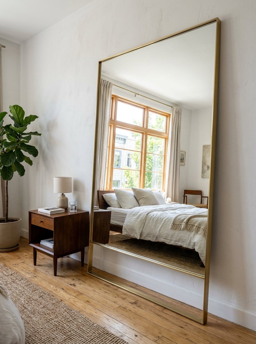A large gold-framed leaning mirror reflects a sunlit bedroom with a wooden bed frame and white bedding.