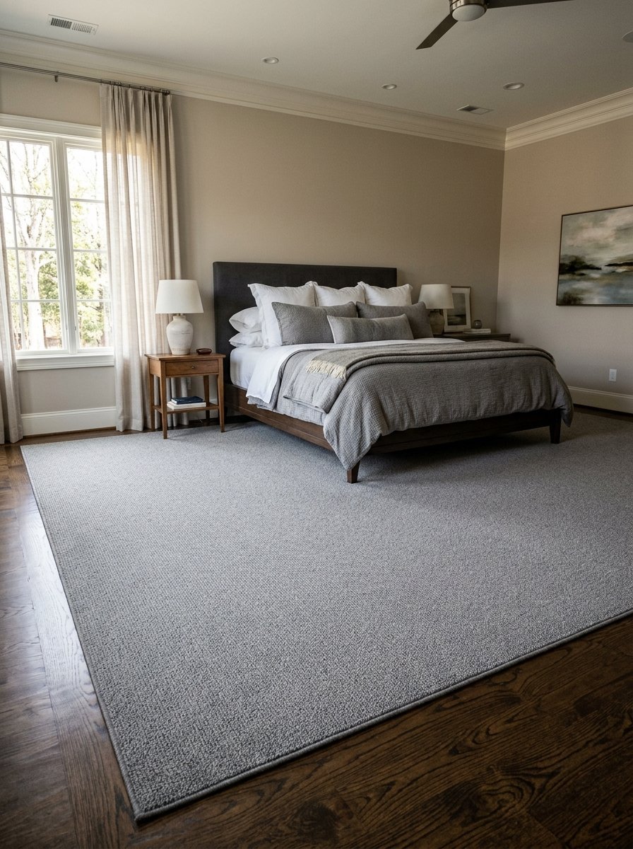 Spacious bedroom with a dark grey bed frame and a large, textured grey area rug on hardwood floors.