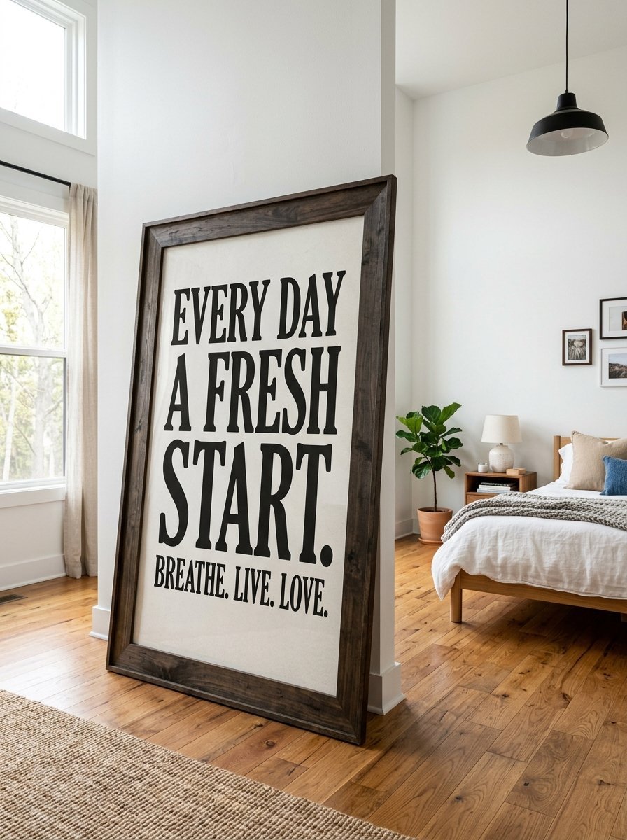 A rustic framed wall sign reading Every Day A Fresh Start positioned on a hardwood floor in a modern bedroom.