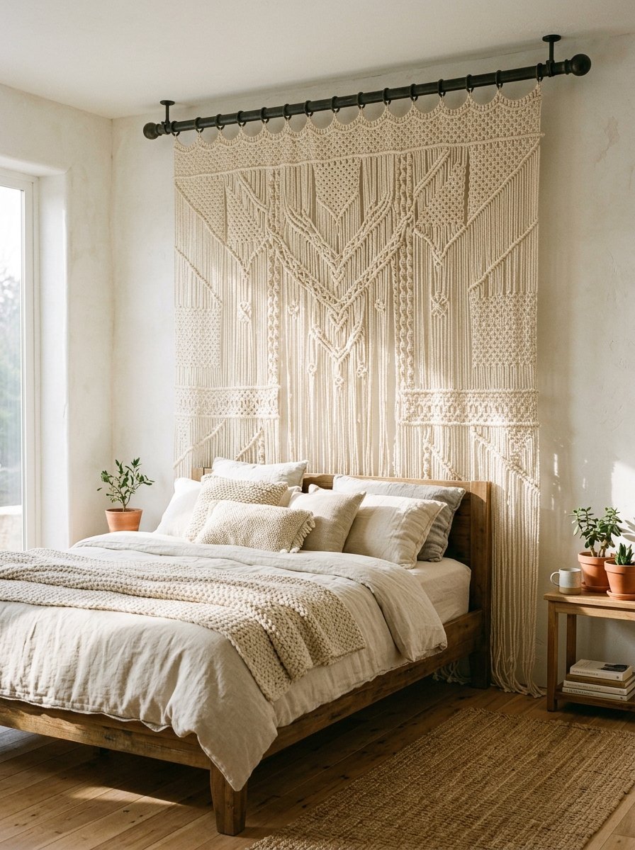 A cream colored, detailed macrame art piece hangs on a rod above a rustic wooden bed with cozy neutral bedding.