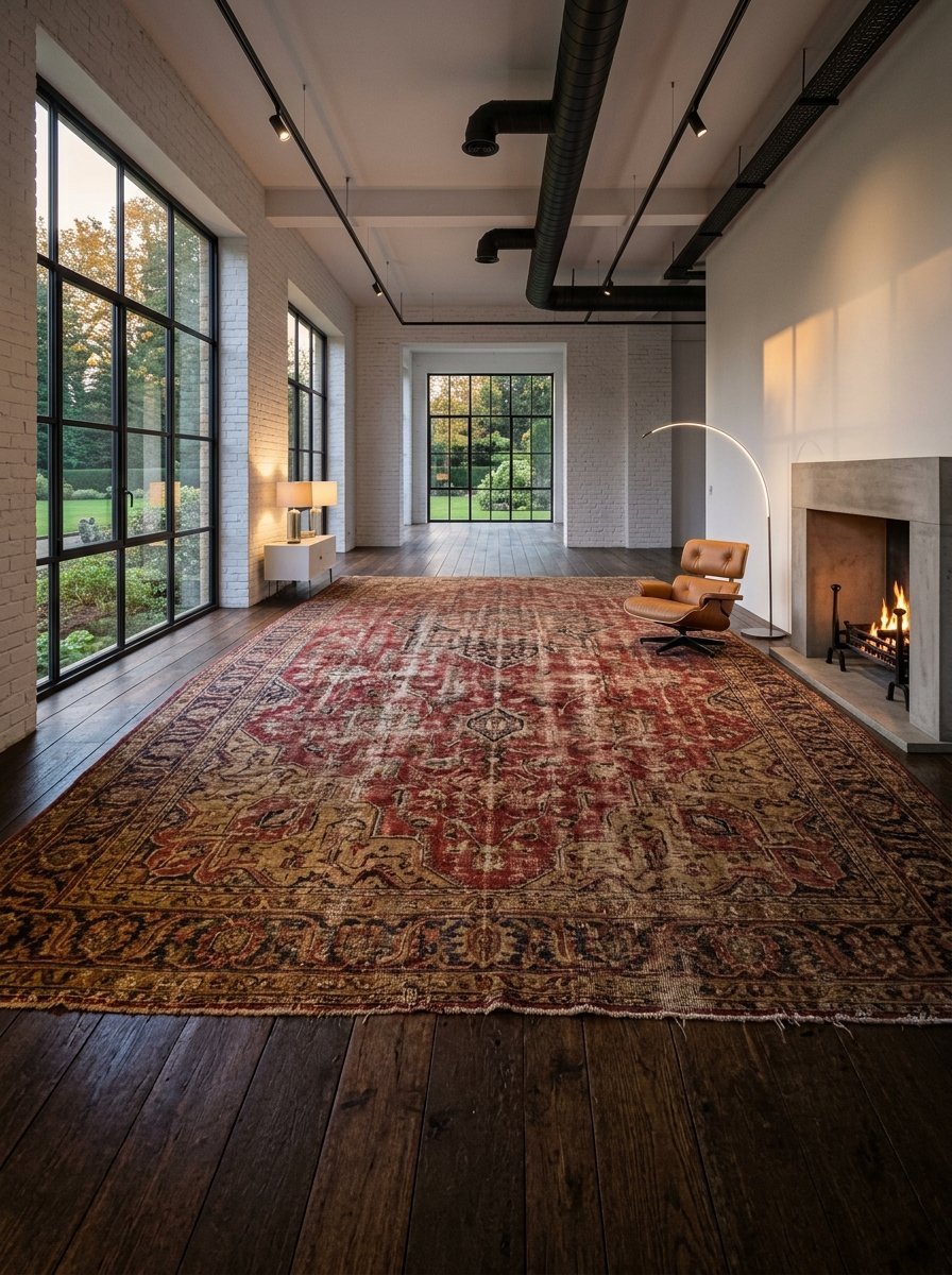 A rustic industrial room with white brick walls, wooden floors, and a large red patterned carpet by a fireplace.