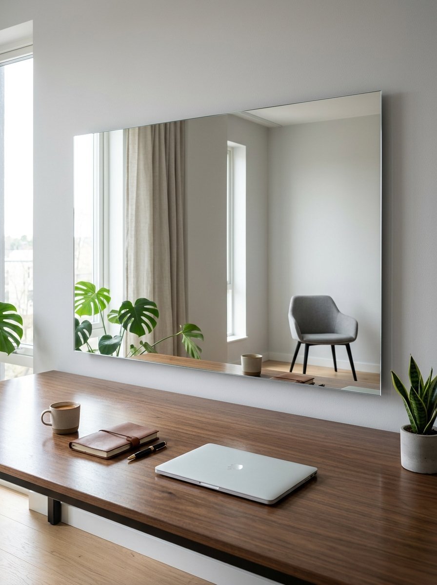 A sleek wooden desk with a laptop, notebook, and plant beneath a wide rectangular mirror reflecting a gray chair.