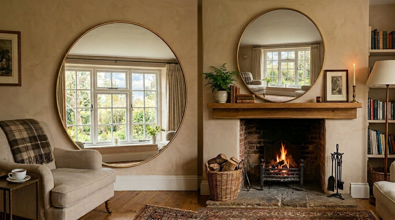 A round gold-rimmed mirror hanging over a stone fireplace with a burning fire in a warm, rustic living room setting.