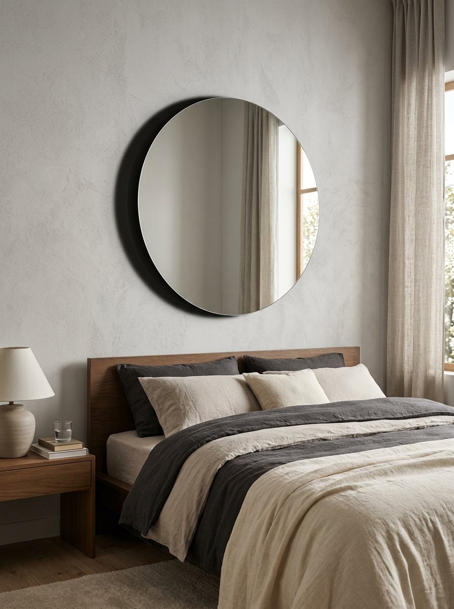 A large round mirror hangs on a textured grey wall above a bed with beige and charcoal linens.