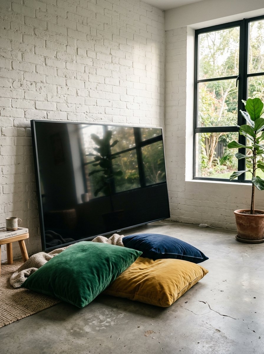Green, yellow, and blue velvet cushions resting on concrete floor by a TV.