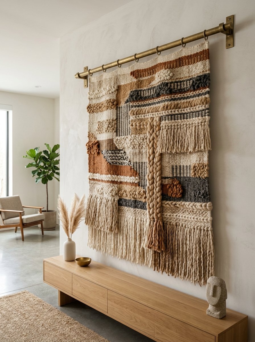 A beige and earth-toned woven tapestry hangs on a gold rod above a long oak cabinet in a living room.