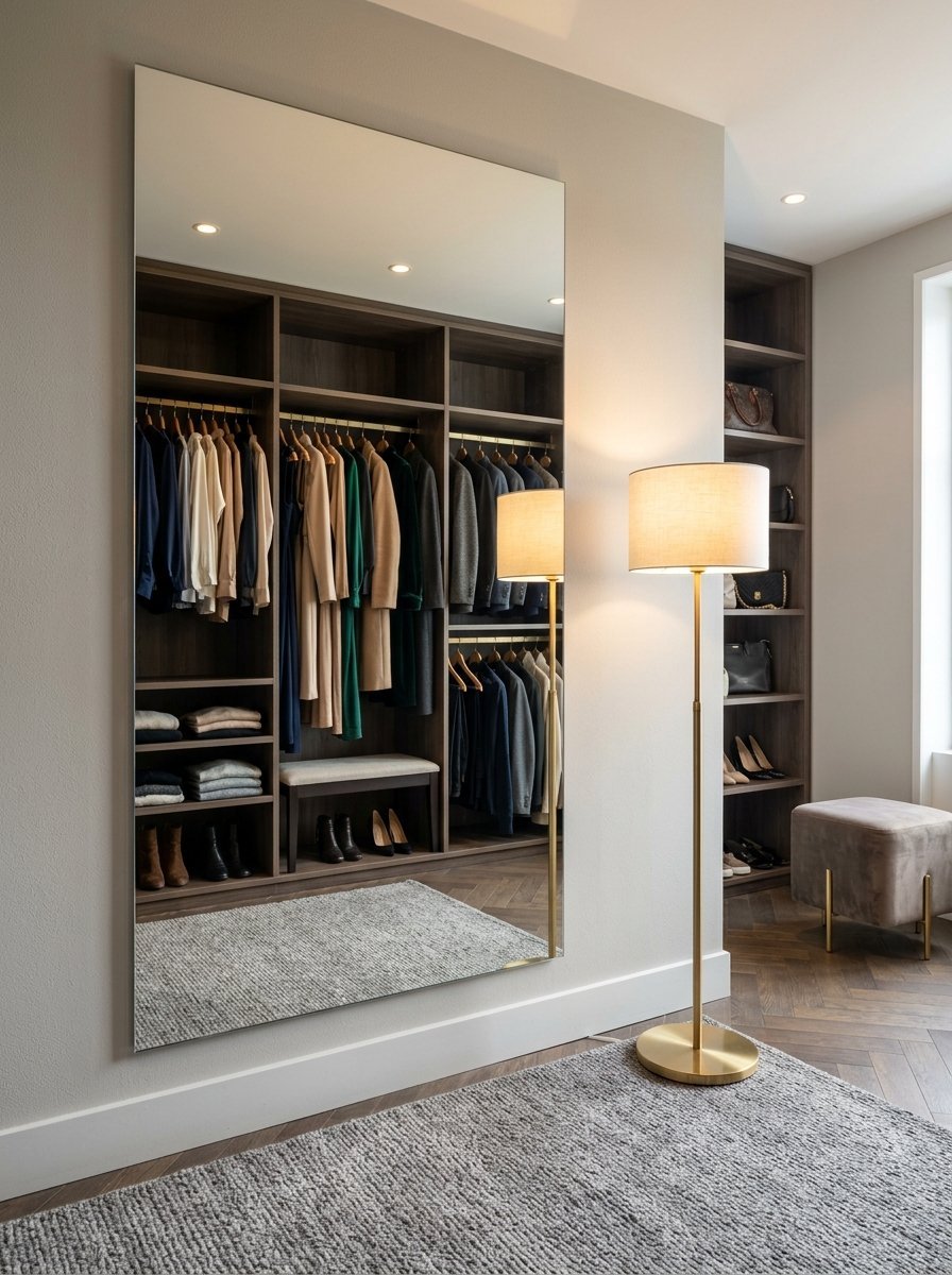 Reflective wall mirror standing beside a floor lamp in a dressing room with hanging clothes.