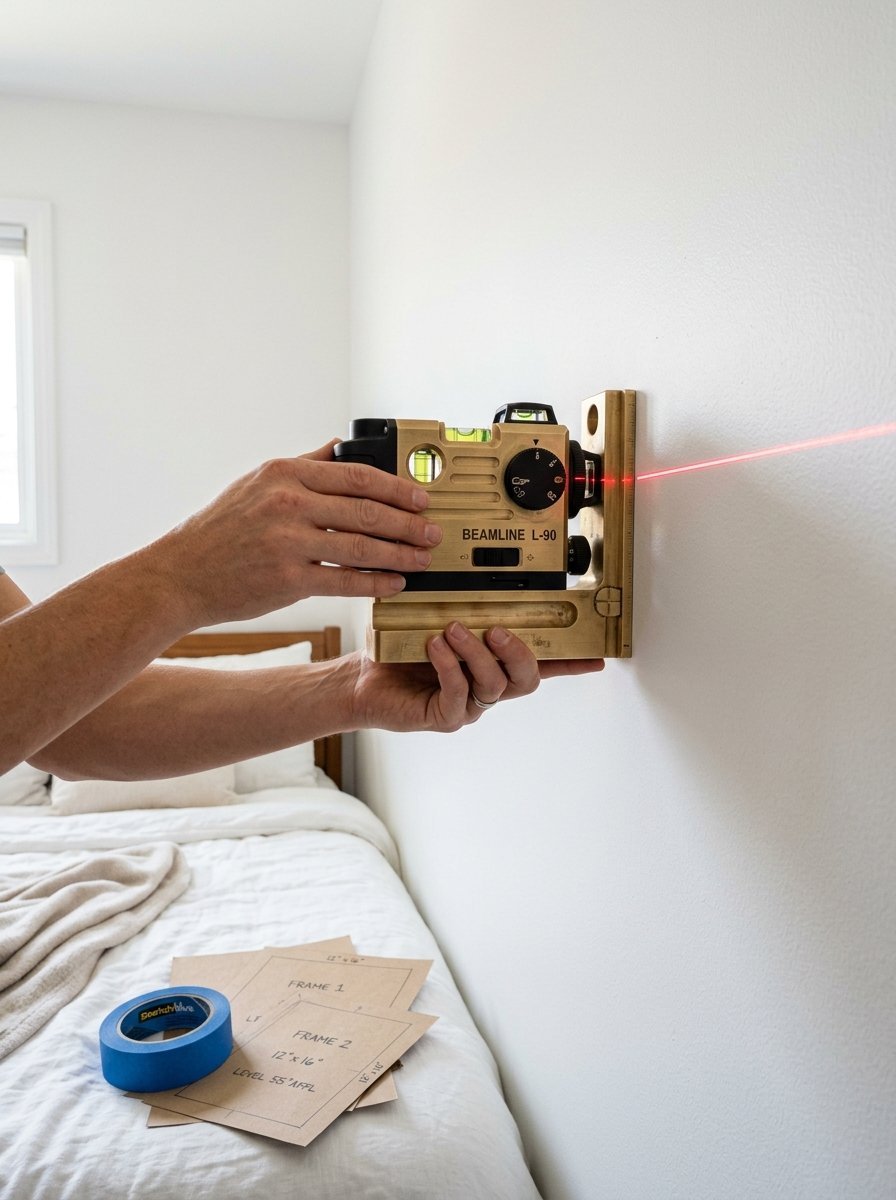 Hands holding a brass Beamline L-90 laser level against a bedroom wall to project a red horizontal line.