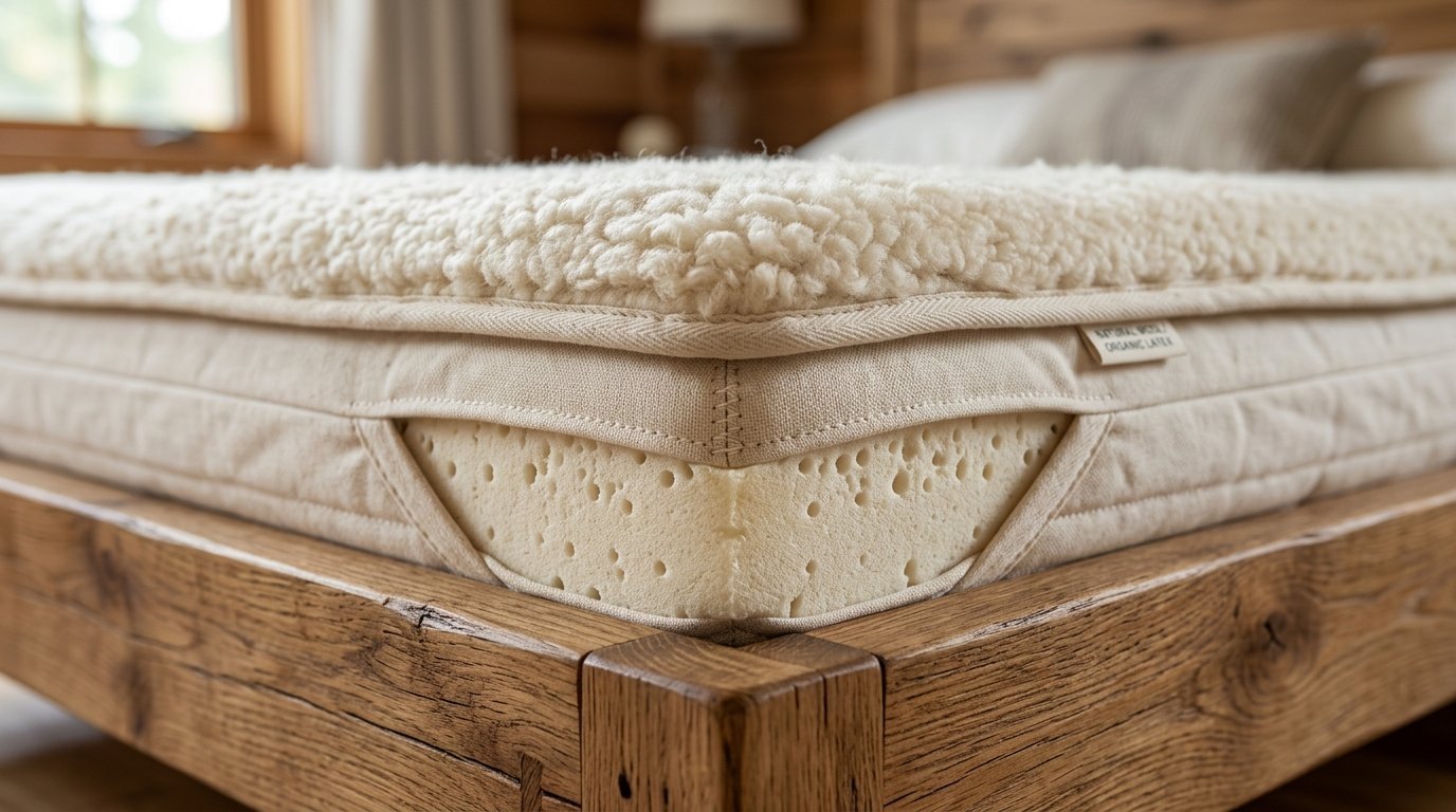 Close-up view of a mattress with a perforated latex core and a thick, textured wool layer on a wooden bed frame.