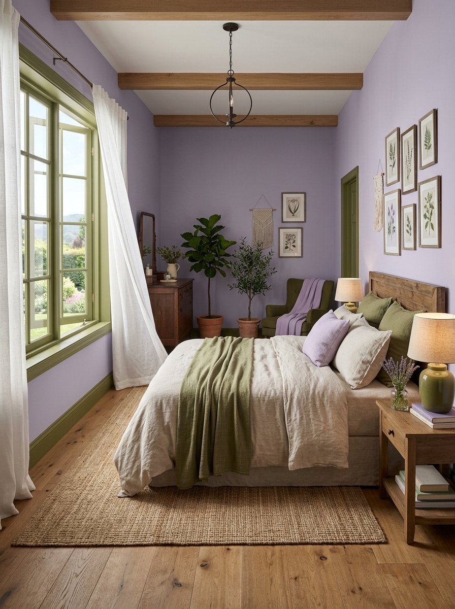 A bedroom with lilac walls, olive green window trim, a jute rug, and wooden ceiling beams with potted plants.