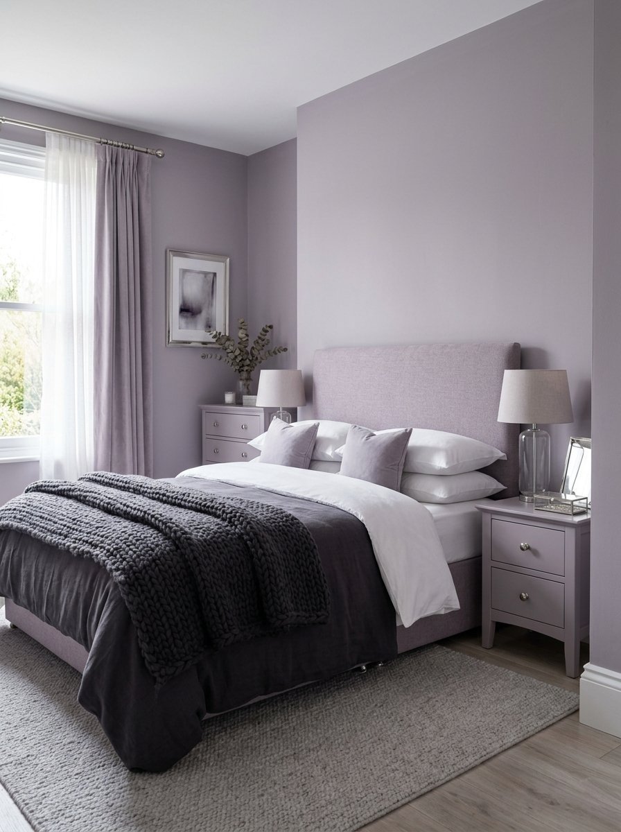 A bedroom with soft purple walls, a bed with a dark grey chunky blanket, and matching lavender bedside furniture.
