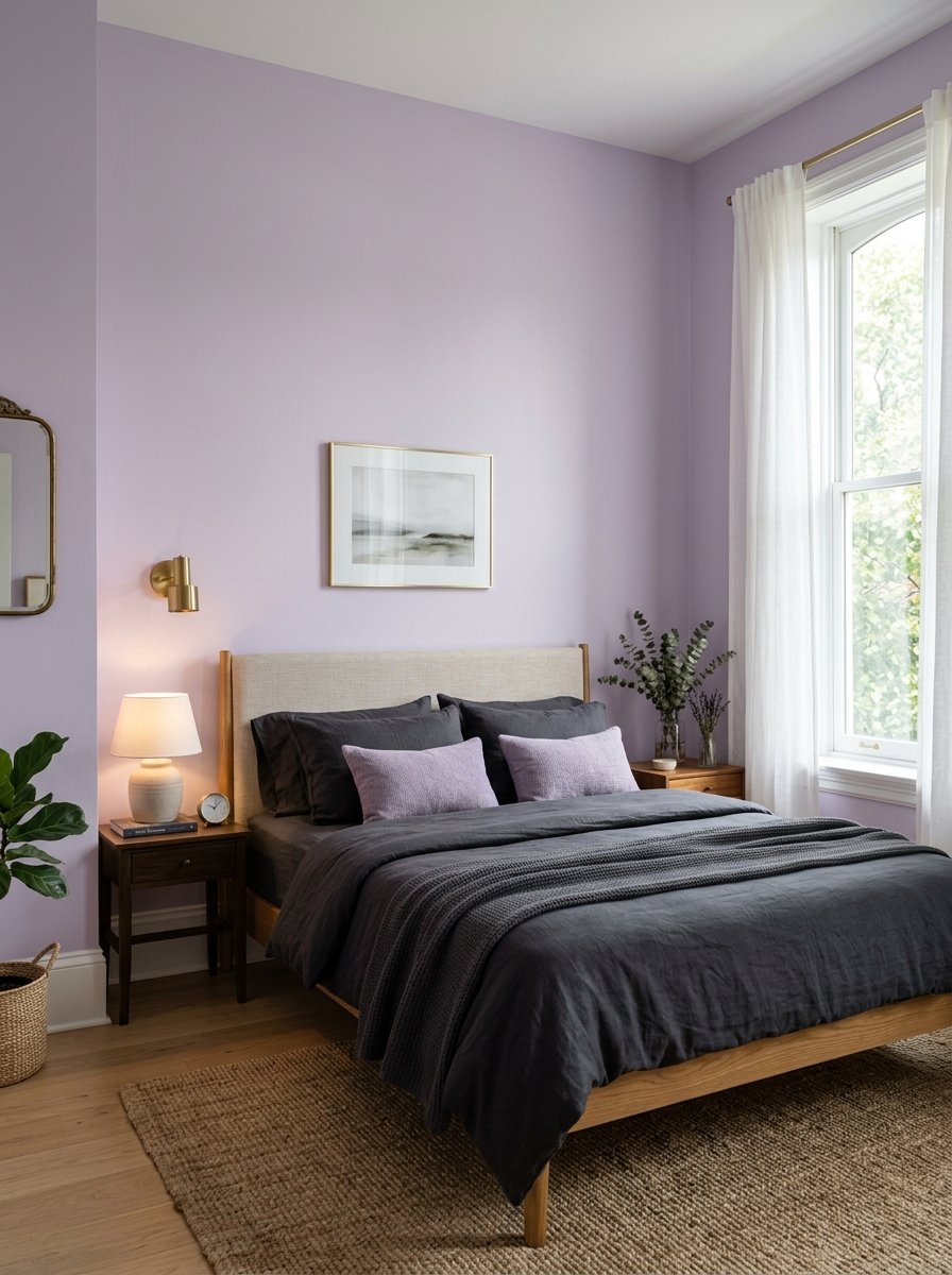 A bedroom with lilac walls, a wooden bed frame with charcoal bedding, and a jute area rug.
