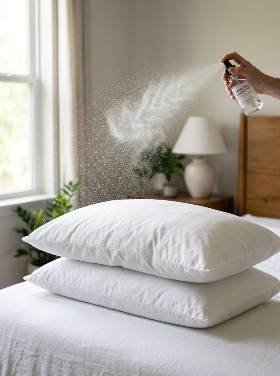 A hand spraying fine lavender mist over two stacked white bed pillows in a bright bedroom.