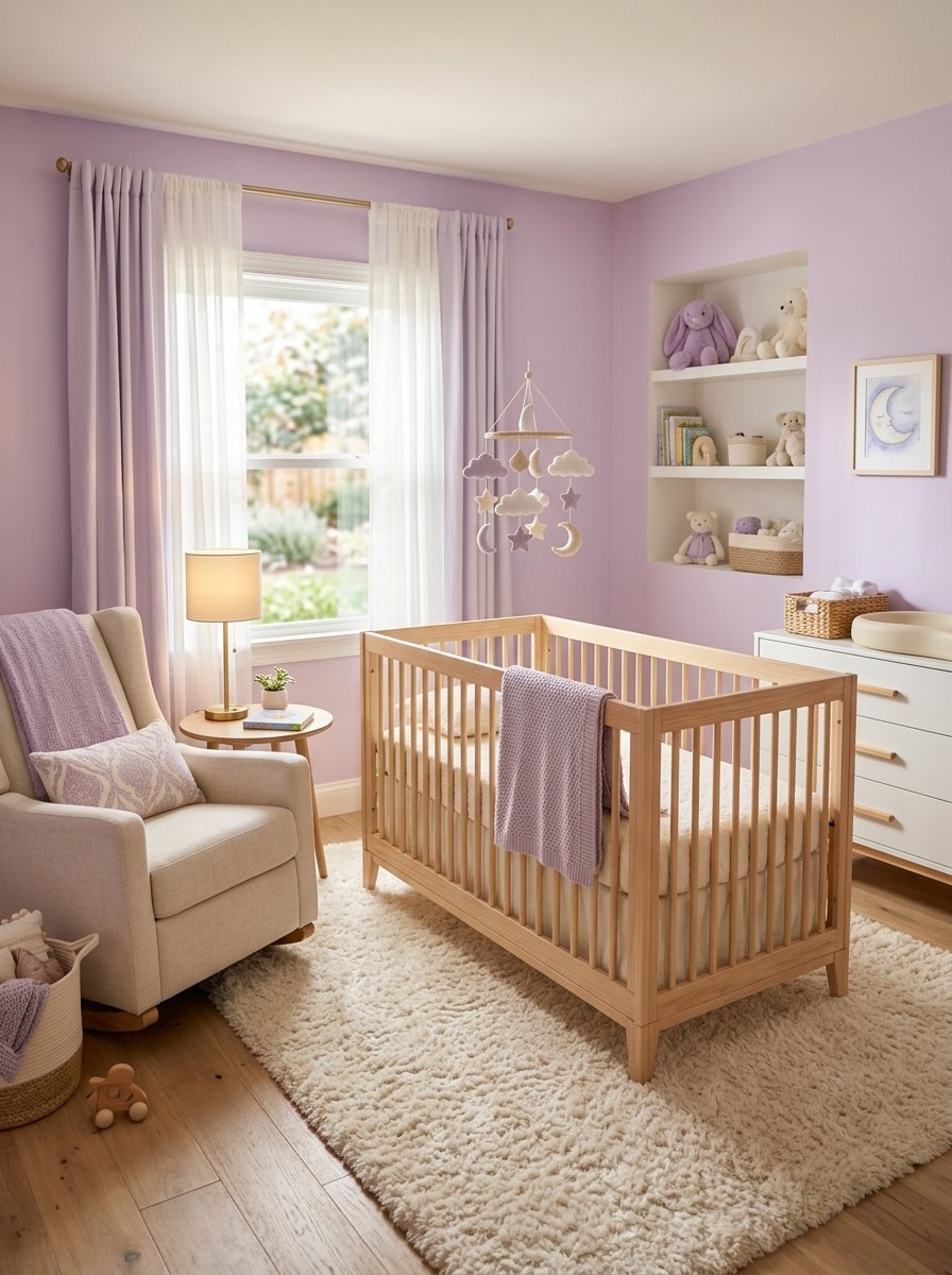 A light wood baby crib sits on a plush rug in a nursery with lavender walls, a rocking chair, and built-in wall shelves.