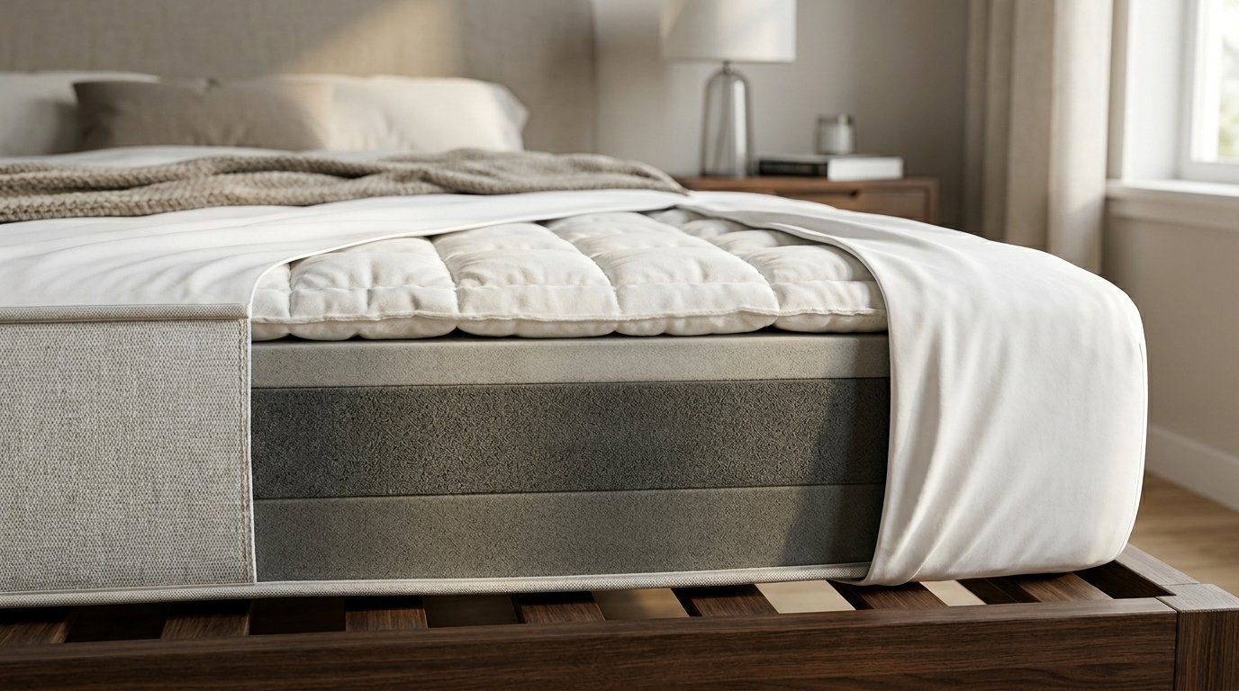 Cutaway view showing the foam internal layers of a white mattress on a wooden bed frame.