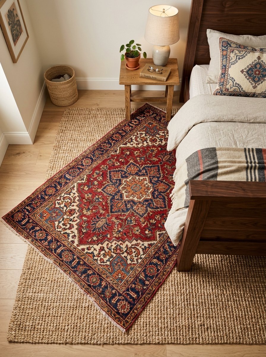 A colorful floral print rug placed at an angle on top of a textured jute carpet in a cozy bedroom setting.