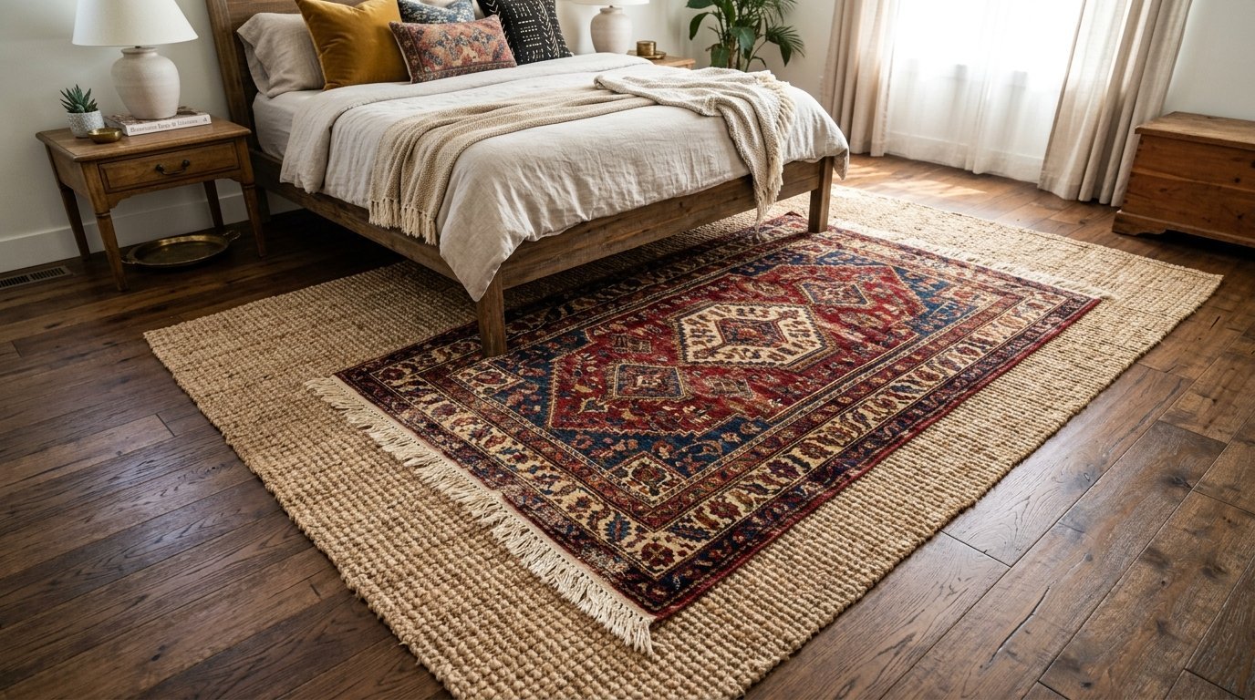 A rustic wooden bed frame sits atop a large jute area rug layered with an ornate red and blue patterned oriental rug.