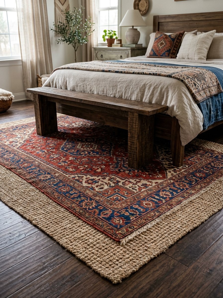 A rustic wooden bench sits over a traditional red and blue Persian rug layered on top of a textured jute carpet.