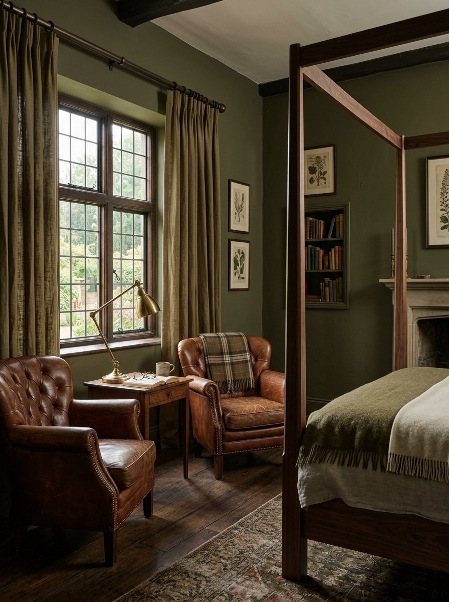 Two tufted leather chairs placed near a window in a room with olive green walls and a wooden canopy bed.