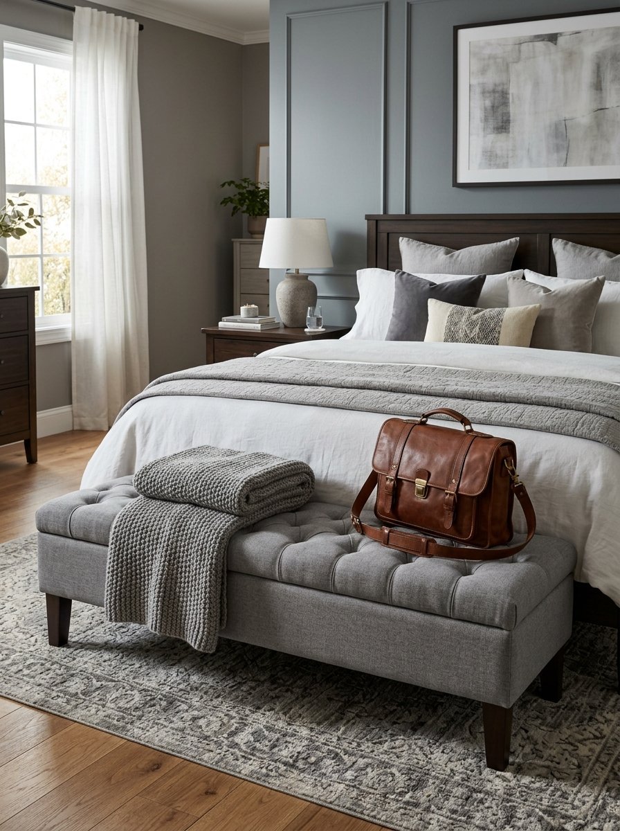 A brown leather bag placed on a grey upholstered bench at the foot of a bed in a modern bedroom.