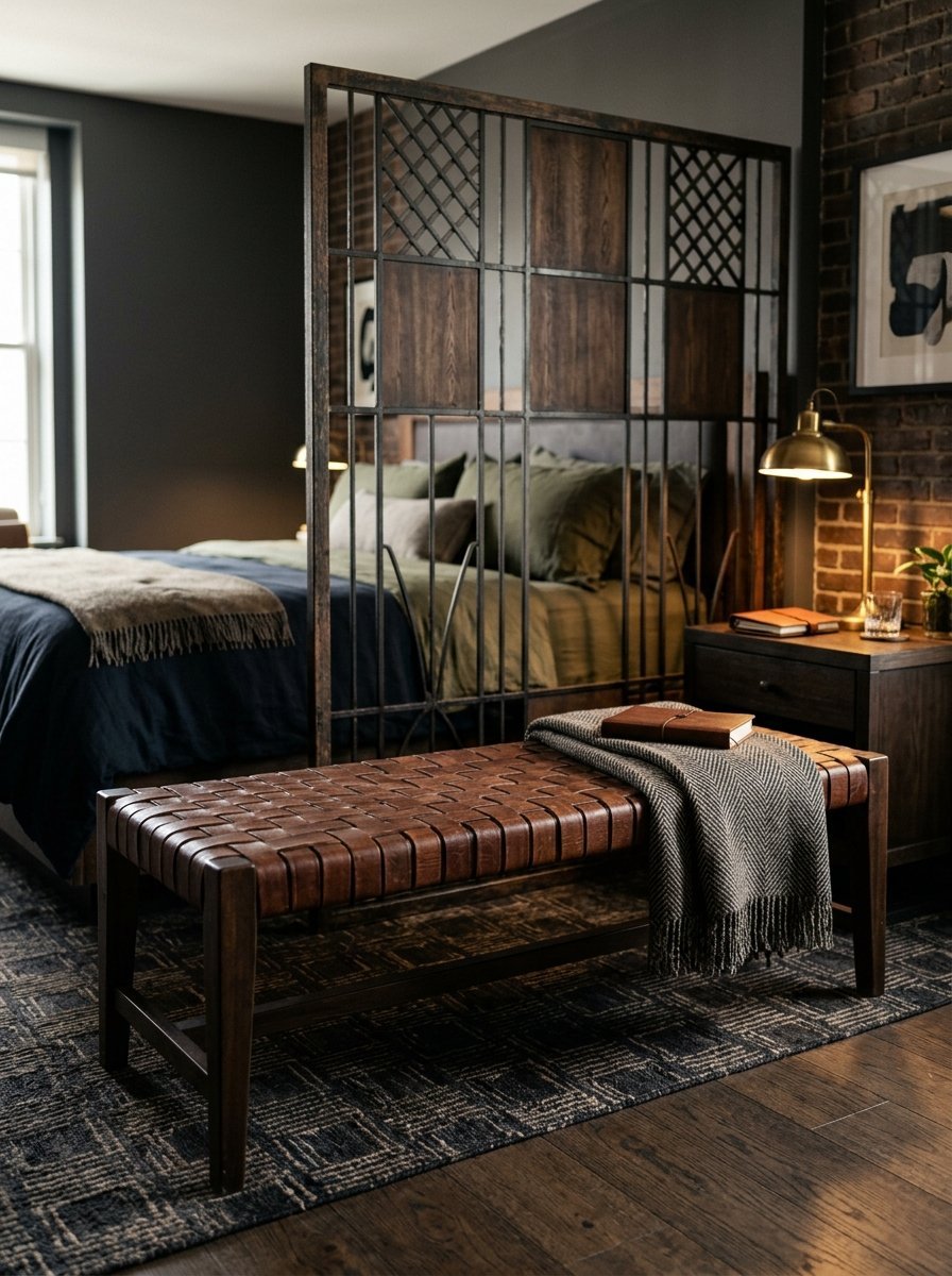 Brown leather woven bench with a wool throw and book in a bedroom with a dark metal room partition.