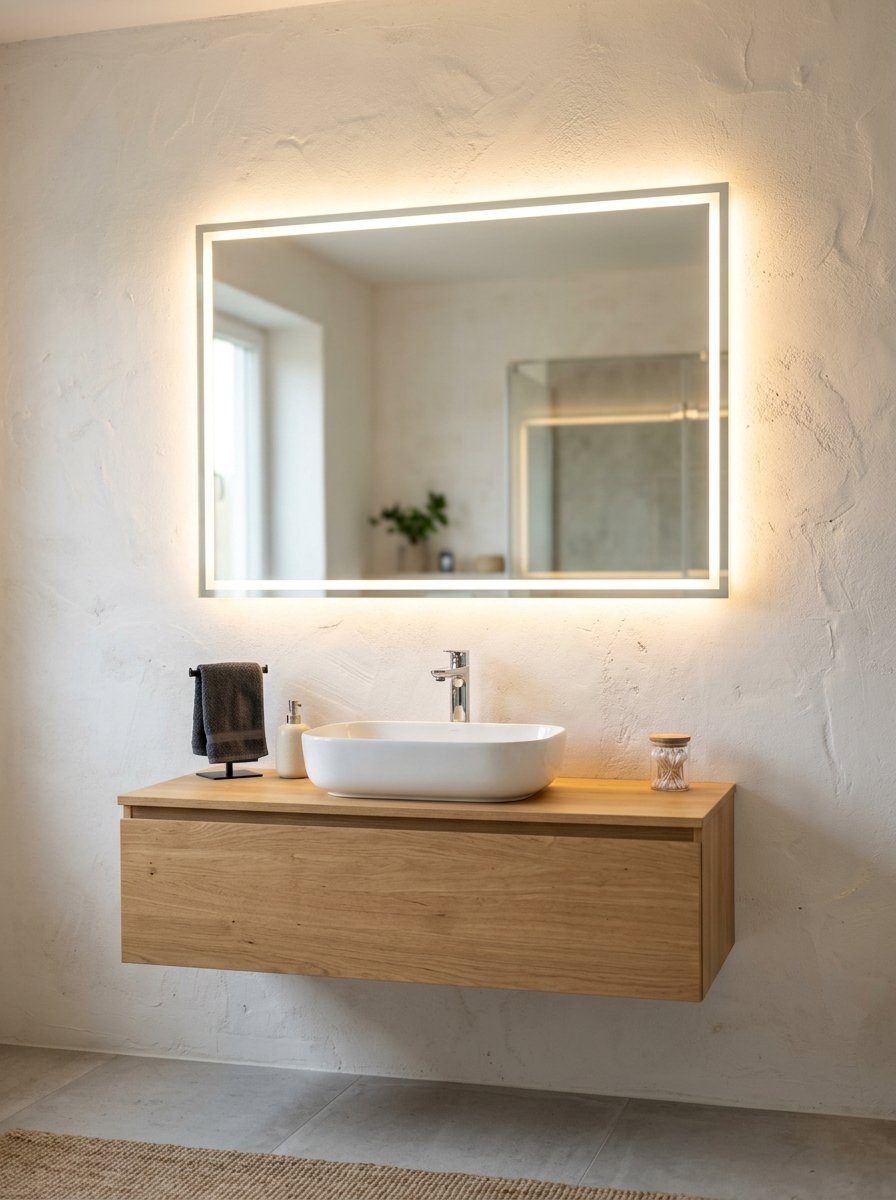 A modern bathroom wall with a glowing LED mirror above a floating light oak sink console and ceramic vessel basin.