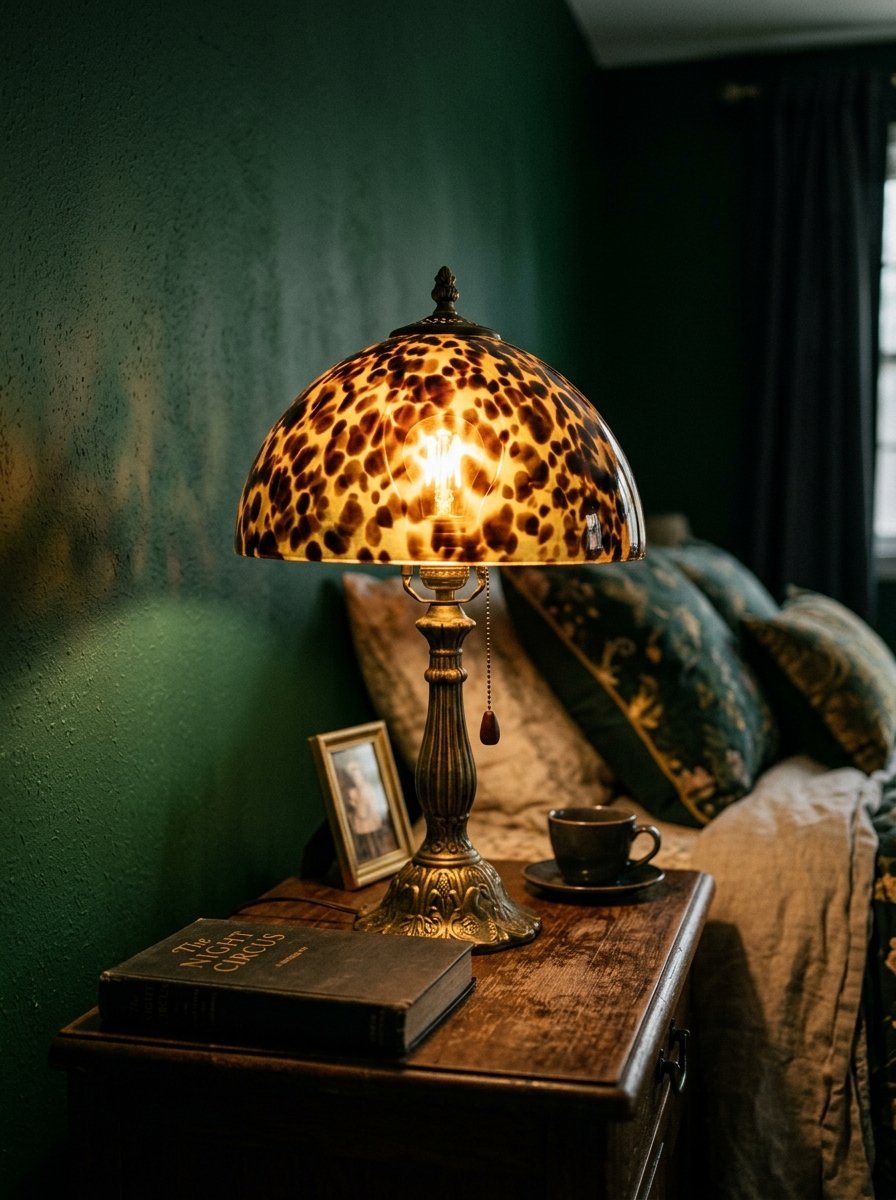Lit leopard print glass dome lamp sitting on a wooden bedside table next to a book and coffee cup.