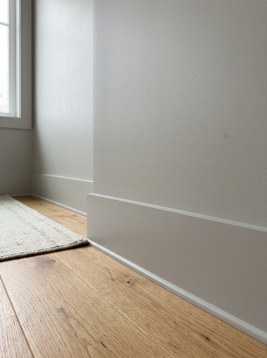 Close up of smooth light grey wall and matching baseboards meeting light oak wood plank flooring.