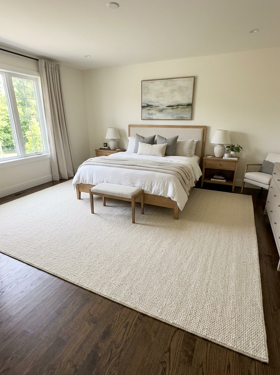 A serene bedroom features a wooden bed frame, textured rug, and soft neutral decor with an abstract landscape painting.