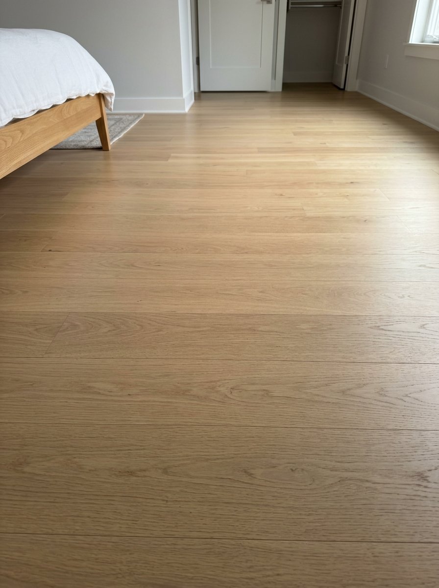 Wide plank light wood flooring spanning across a bedroom with a bed frame and white door in the background.