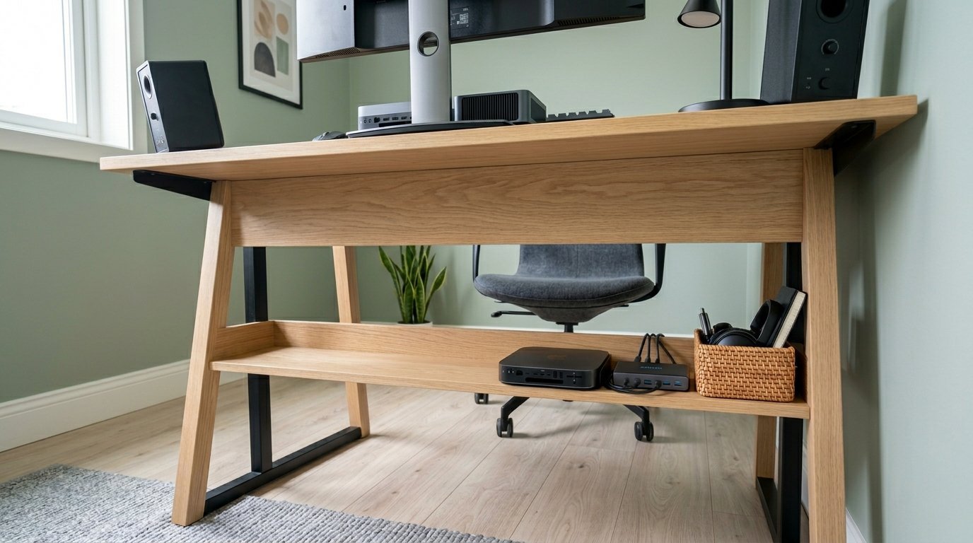Close up of a wood desk with a lower shelf holding a computer hub and a small woven basket of supplies.