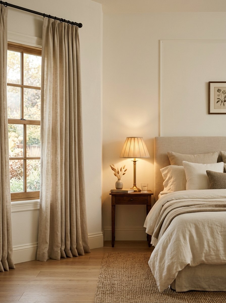 A beige bedroom scene featuring floor length linen curtains, a dark wood nightstand with a lamp, and a cozy bed.