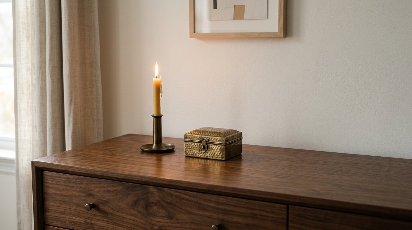 A lit yellow candle in a brass holder next to a hammered metal box on a wooden furniture top.