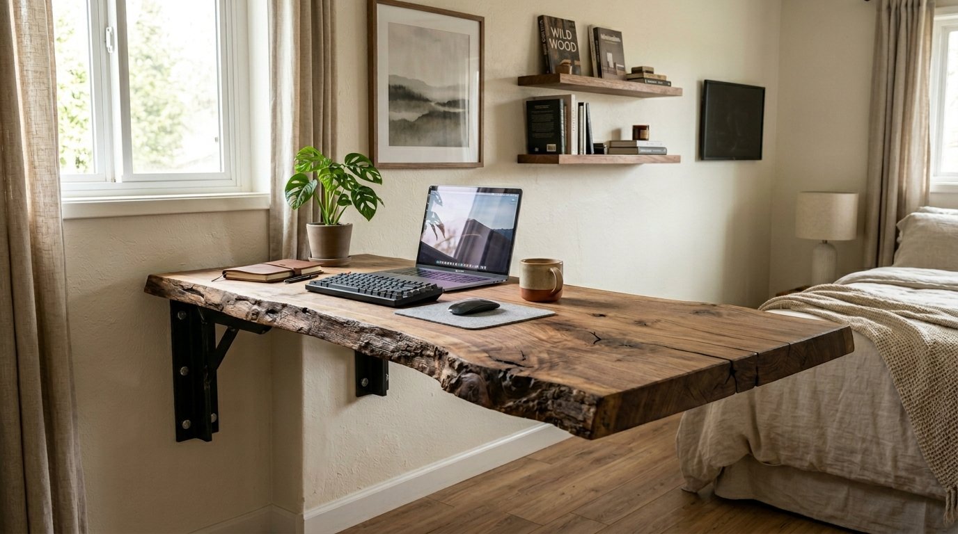 A rustic live edge wood desk bracketed to a wall next to a bedroom window with a laptop and potted plant.