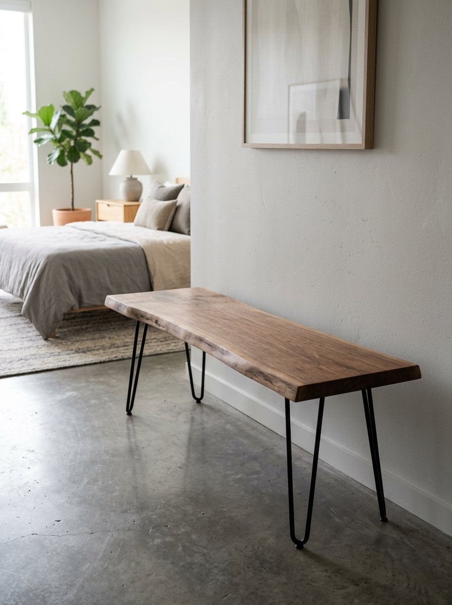 Live edge wooden bench placed in front of a white wall with a bedroom visible in the background.